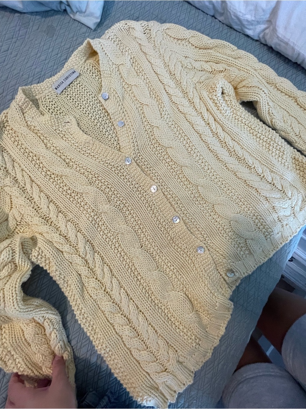 Vintage Chunky Cable Knit Button-Front Cardigan Sweater - butter yellow